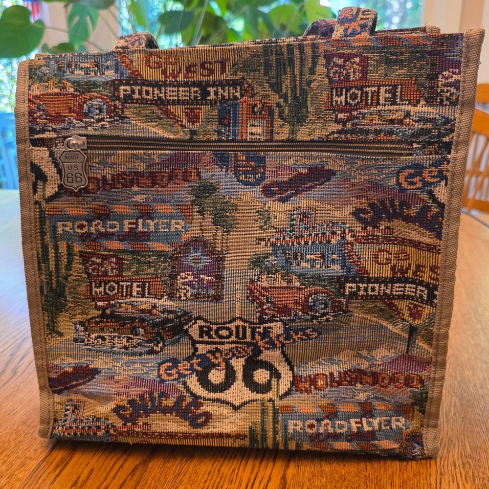 Jade Route 66 Tapestry Tote Bag Woven Road Trip Scenic Travel Zippered Purse